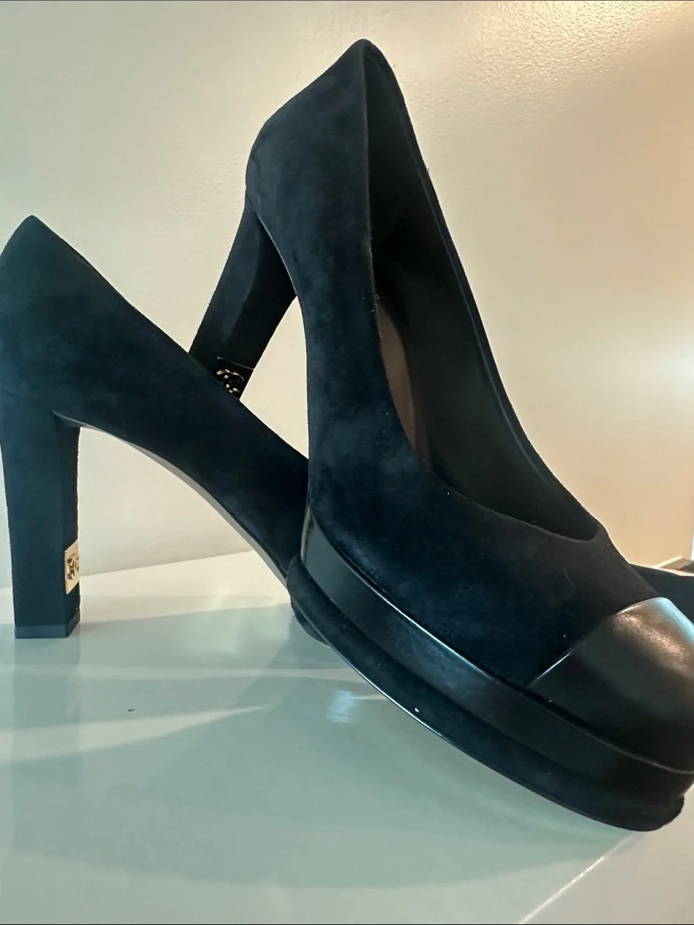 CHANEL Black Suede Cap-Toe Block Heel Pumps